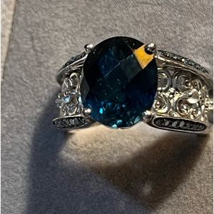 London Blue checkerboard Topaz and blue diamond ring size 8